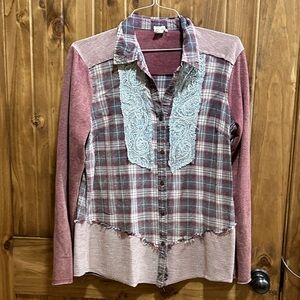 Plaid and Lace Long Sleeve Shirt